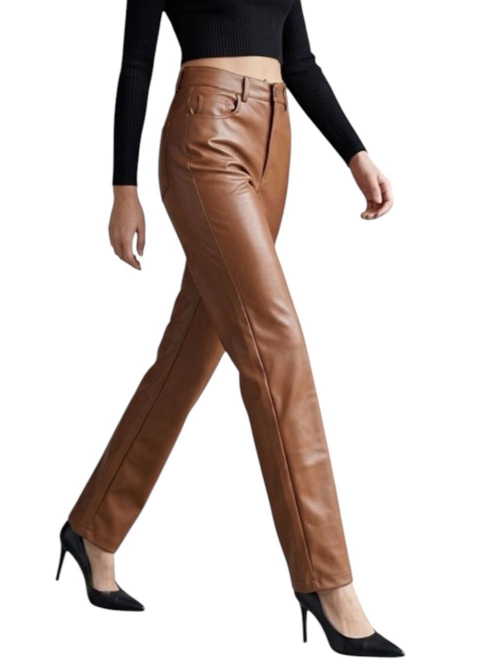 Zara Tall Chestnut Brown Vegan Leather High Rise Straight Trouser Pants Size XS